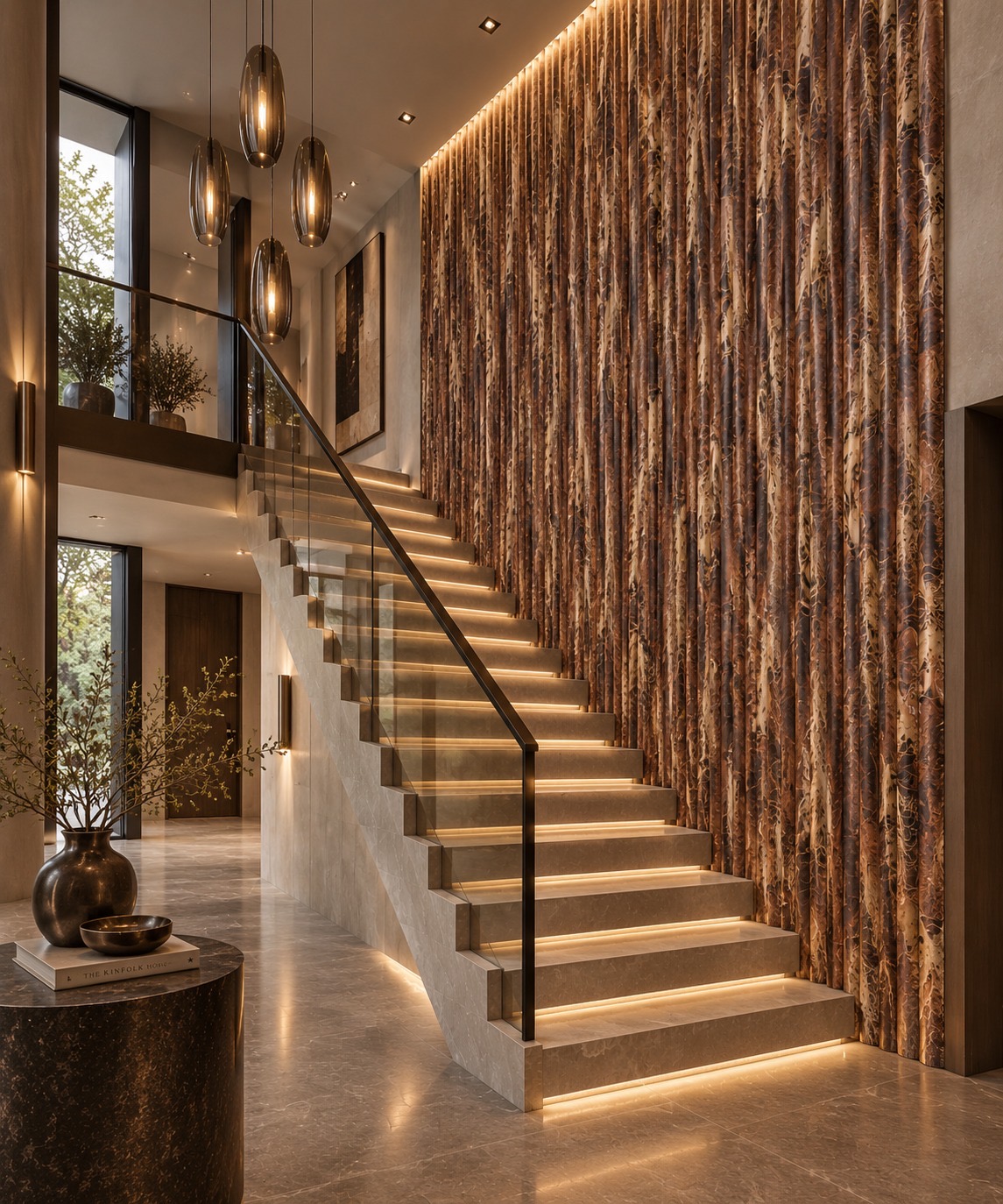 Vertical coEco panels beside an illuminated interior staircase